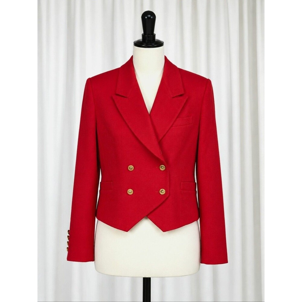 Vintage JH Collectibles Red Wool Cropped Double Breasted Business Chic Blazer